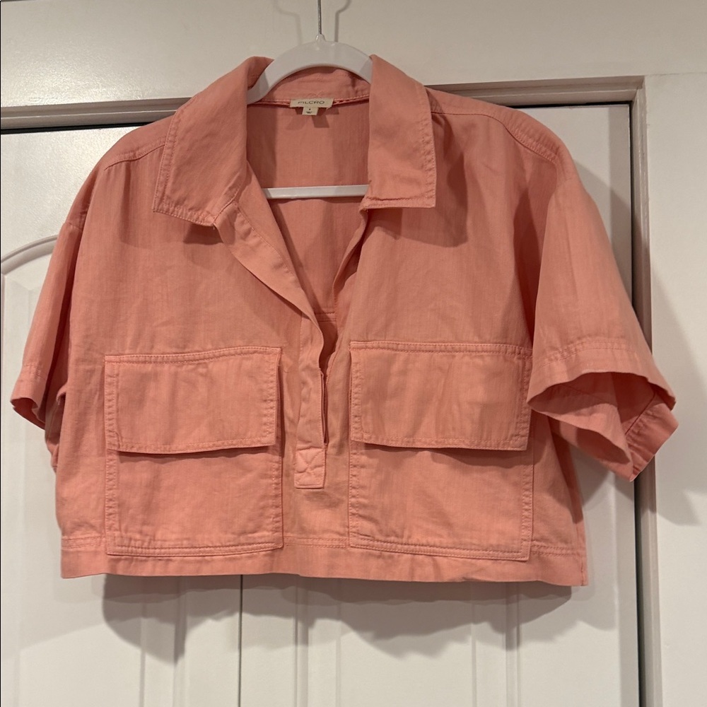 Pilcro Soft Pink‎ Cropped Boxy Short-Sleeve Top twill denim small - Picture 3 of 7